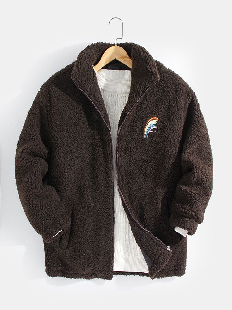 Warme Freizeitjacke Aus Fleece Mit Buchstabe-regenbogenstickerei Und Reißverschluss Vorne