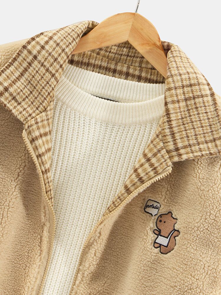 Wende-fleece-freizeitjacke Mit Plaid Bear Letter-stickerei Am Revers Für Herren