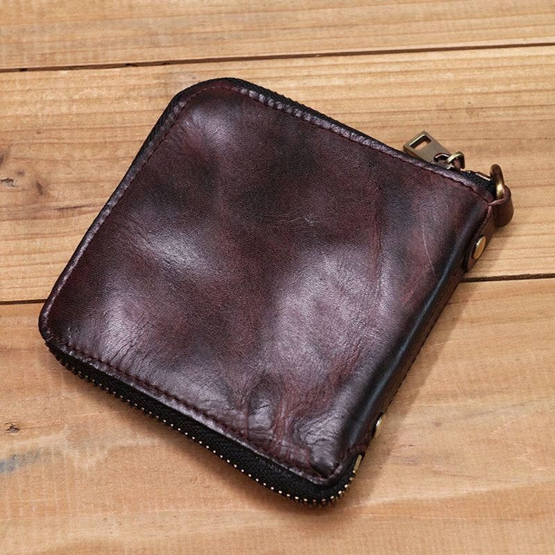 Ekphero Herren Echtes Leder Vintage Reiben Farbig Bifold Reißverschluss Kurze Handtrage Aufbewahrungstasche Münzbeutel Brieftasche