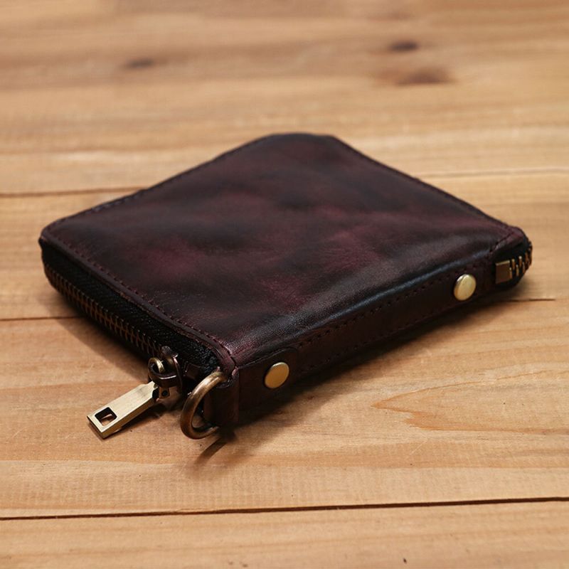 Ekphero Herren Echtes Leder Vintage Reiben Farbig Bifold Reißverschluss Kurze Handtrage Aufbewahrungstasche Münzbeutel Brieftasche