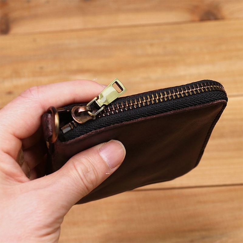 Ekphero Herren Echtes Leder Vintage Reiben Farbig Bifold Reißverschluss Kurze Handtrage Aufbewahrungstasche Münzbeutel Brieftasche