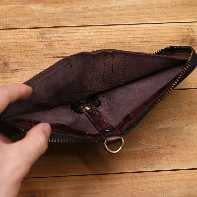 Ekphero Herren Echtes Leder Vintage Reiben Farbig Bifold Reißverschluss Kurze Handtrage Aufbewahrungstasche Münzbeutel Brieftasche