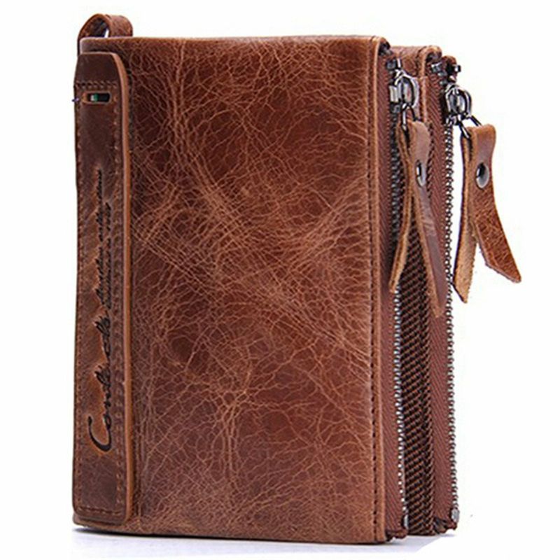 Herren Echtes Leder Bifold Haspe Multi-kartensteckplatz Kartenhalter Retro Double Zipper Pocket Coin Purse Short Money Clip Wallet