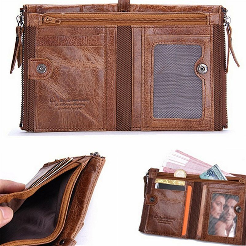 Herren Echtes Leder Bifold Haspe Multi-kartensteckplatz Kartenhalter Retro Double Zipper Pocket Coin Purse Short Money Clip Wallet