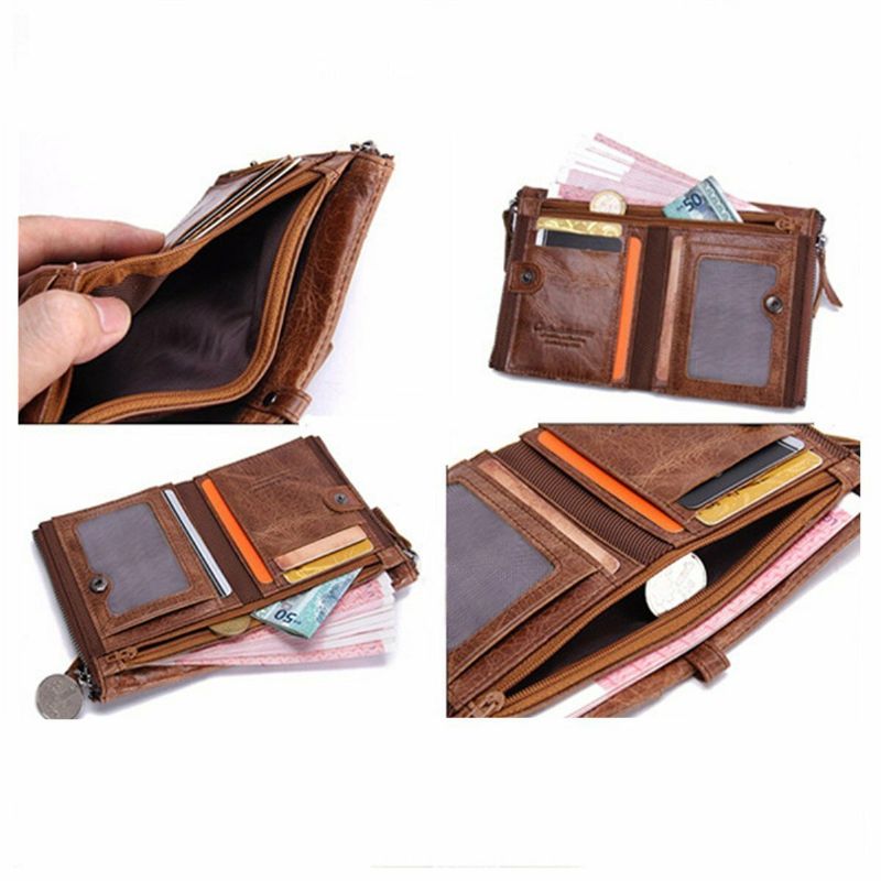 Herren Echtes Leder Bifold Haspe Multi-kartensteckplatz Kartenhalter Retro Double Zipper Pocket Coin Purse Short Money Clip Wallet