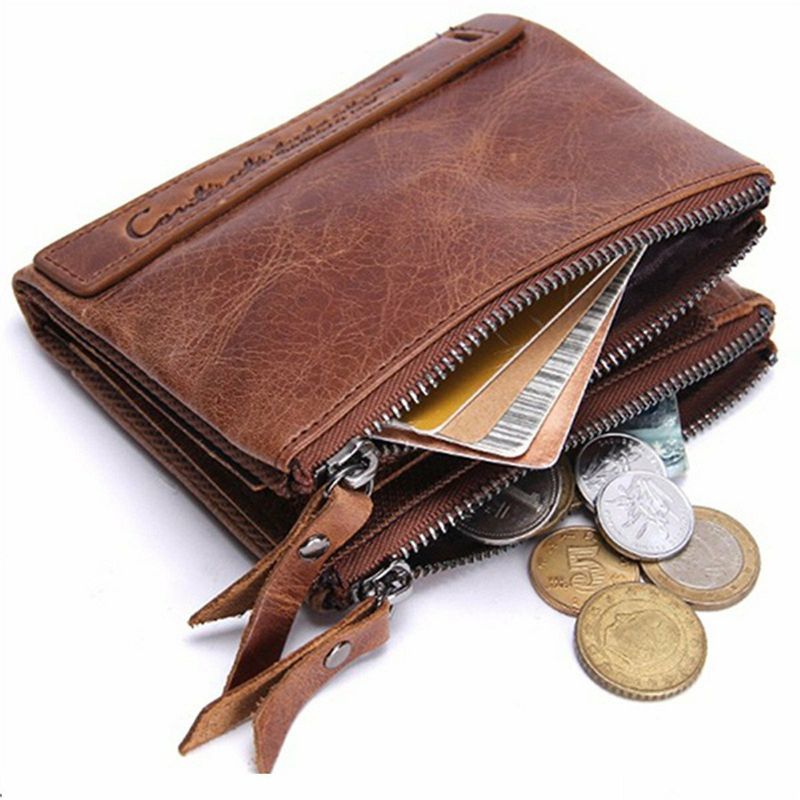 Herren Echtes Leder Bifold Haspe Multi-kartensteckplatz Kartenhalter Retro Double Zipper Pocket Coin Purse Short Money Clip Wallet