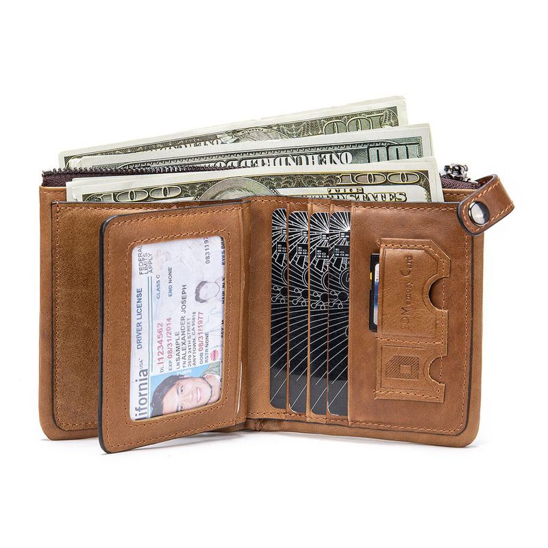 Herren-echtleder-weinlese-reißverschluss-haspen-geldbörse Mehrere Kartenfächer Bifold Short Wallet