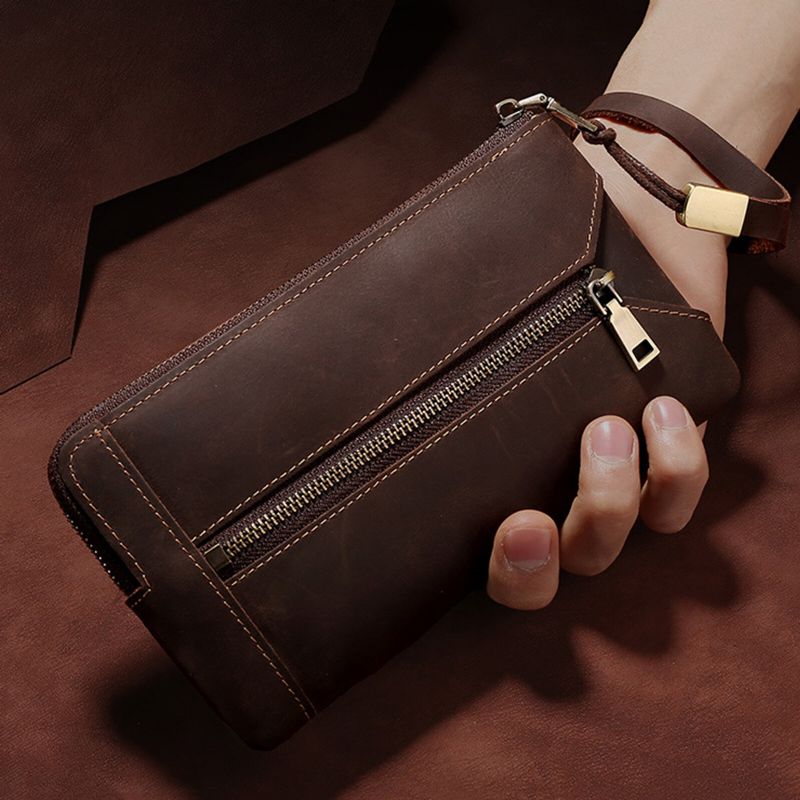 Männer Echtes Leder Vintage Lange Armband Geldbörse Multifunktionale Schlüsselaufbewahrung Reißverschluss Clutch Bag Geldbörse