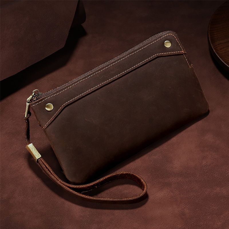 Männer Echtes Leder Vintage Lange Armband Geldbörse Multifunktionale Schlüsselaufbewahrung Reißverschluss Clutch Bag Geldbörse