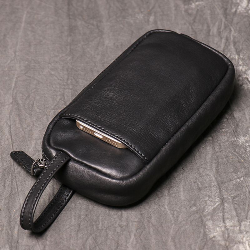 Männer Echtes Leder Vintage Lange Brieftasche Einfarbig Große Kapazität Armband Reißverschluss Kupplung Handytasche