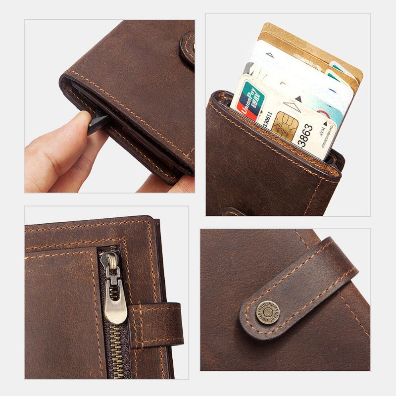 Männer Retro Trifold Rfid Blocking Antimagnetische Brieftasche Echtes Leder 9 Kartenfächer Kartenhalter Geldbörse