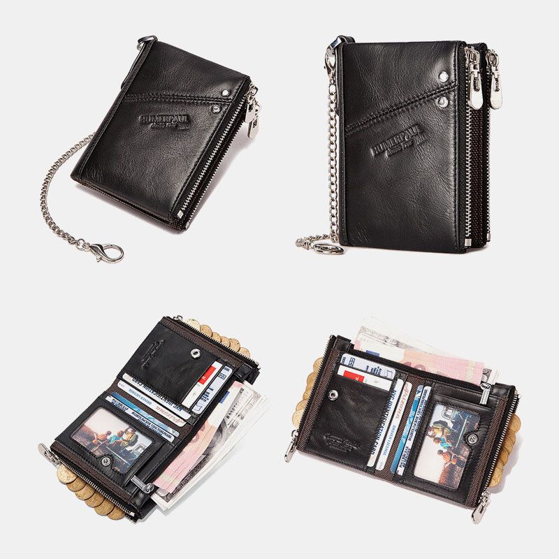 Männer Rfid Bifold Wallets Multifunktionale Erste Schicht Rindsleder Anti-diebstahl-bürste Doppelreißverschluss Kartenhalter Geldscheinklammer Geldbörse