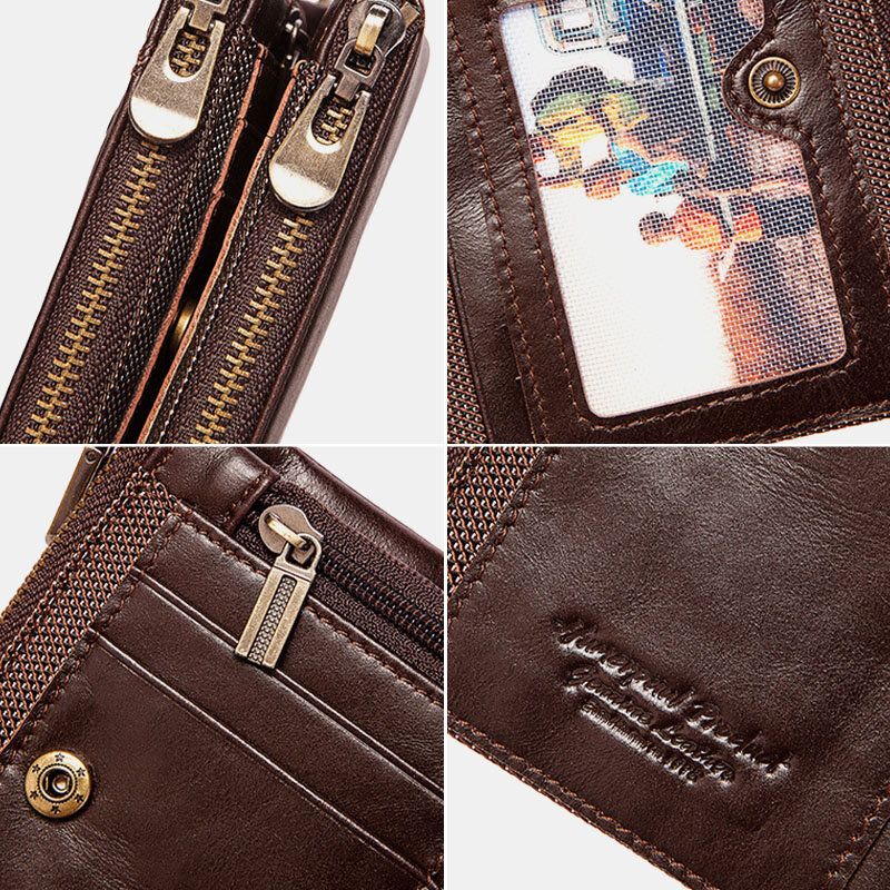 Männer Rfid Bifold Wallets Multifunktionale Erste Schicht Rindsleder Anti-diebstahl-bürste Doppelreißverschluss Kartenhalter Geldscheinklammer Geldbörse