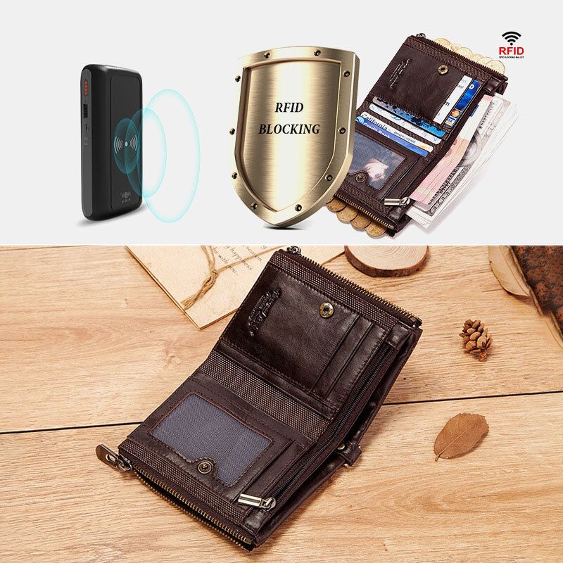 Männer Rfid Bifold Wallets Multifunktionale Erste Schicht Rindsleder Anti-diebstahl-bürste Doppelreißverschluss Kartenhalter Geldscheinklammer Geldbörse