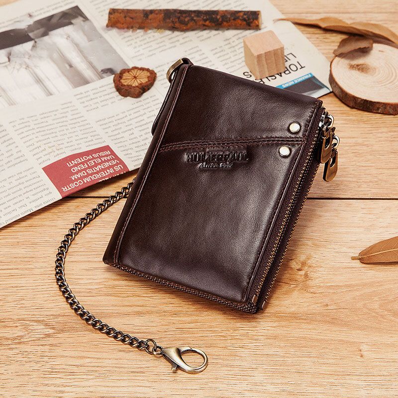 Männer Rfid Bifold Wallets Multifunktionale Erste Schicht Rindsleder Anti-diebstahl-bürste Doppelreißverschluss Kartenhalter Geldscheinklammer Geldbörse