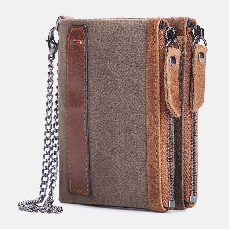 Männer Rindsleder Öl Wachs Leinwand Patchwork Rfid Antimagnetisches Kartenetui Bifold Short Double Zipper Coin Purse Wallet