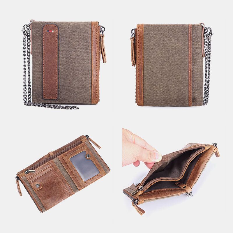 Männer Rindsleder Öl Wachs Leinwand Patchwork Rfid Antimagnetisches Kartenetui Bifold Short Double Zipper Coin Purse Wallet