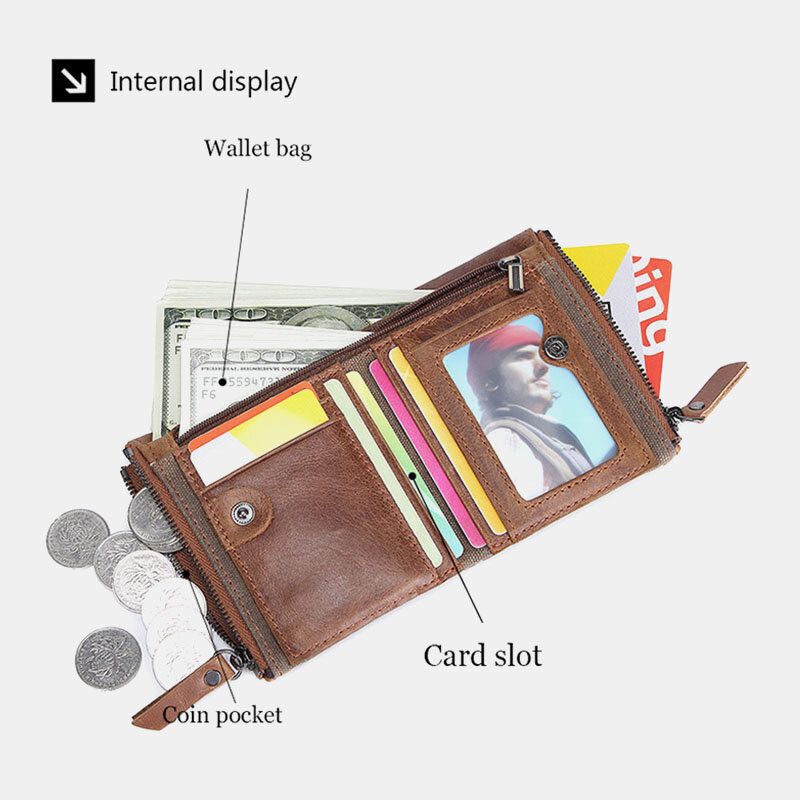 Männer Rindsleder Öl Wachs Leinwand Patchwork Rfid Antimagnetisches Kartenetui Bifold Short Double Zipper Coin Purse Wallet