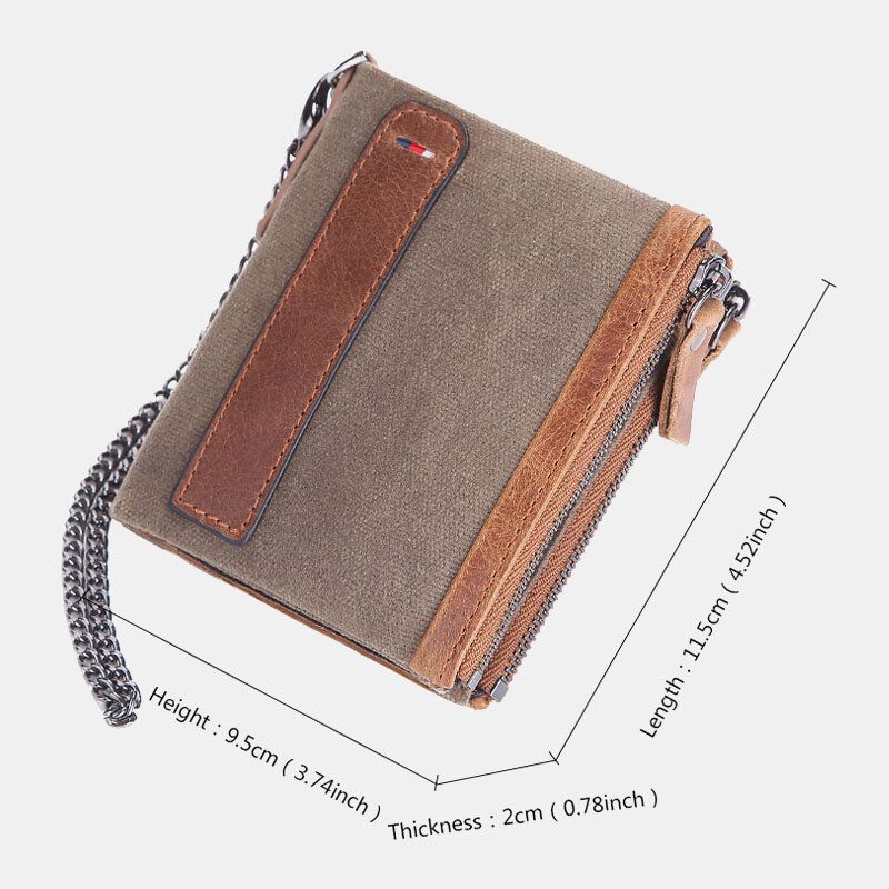 Männer Rindsleder Öl Wachs Leinwand Patchwork Rfid Antimagnetisches Kartenetui Bifold Short Double Zipper Coin Purse Wallet