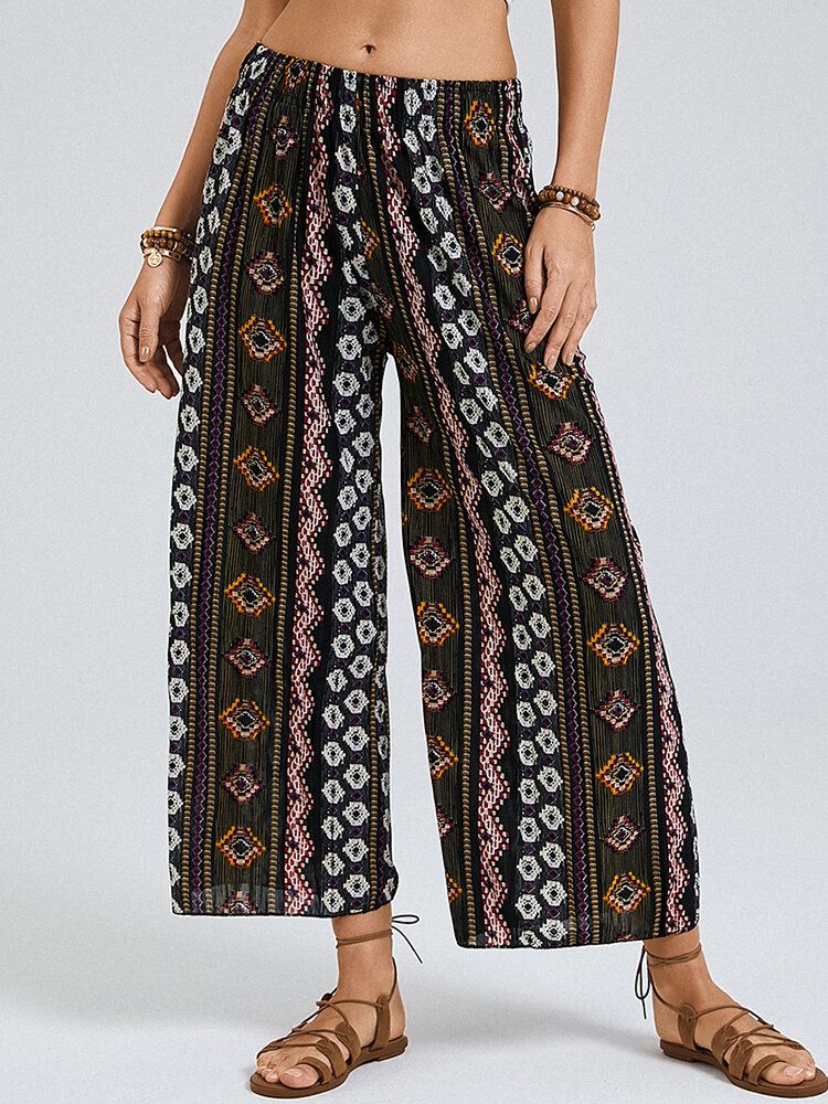 Bohemia Ethnic Print Elastische High Waist Wide Leg Lounge Hose Für Damen