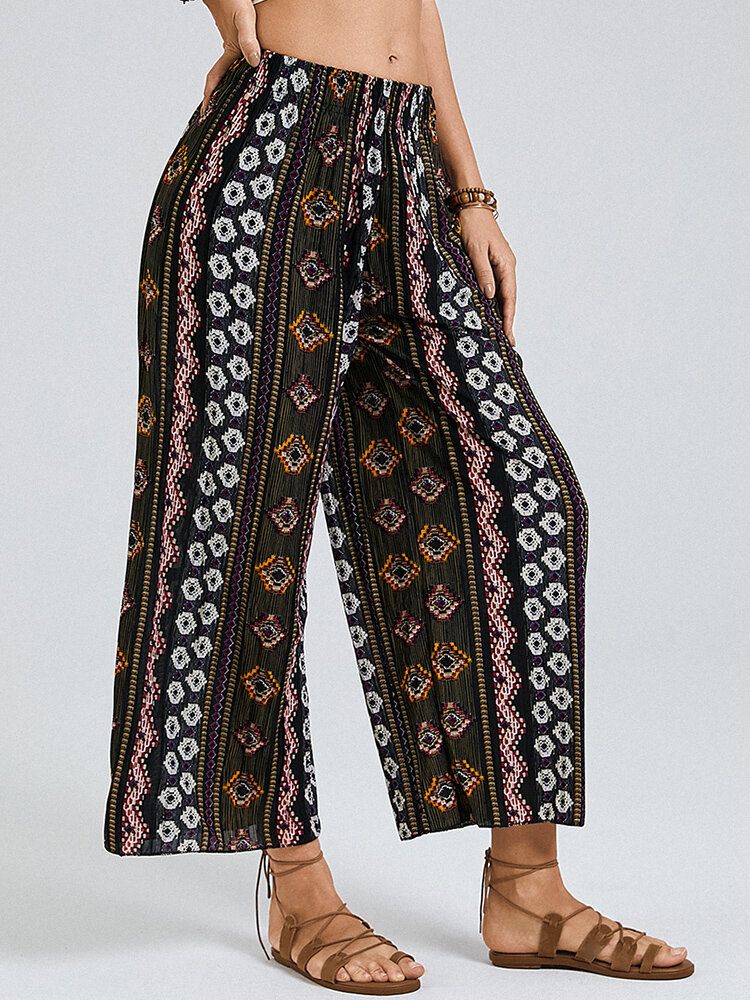 Bohemia Ethnic Print Elastische High Waist Wide Leg Lounge Hose Für Damen