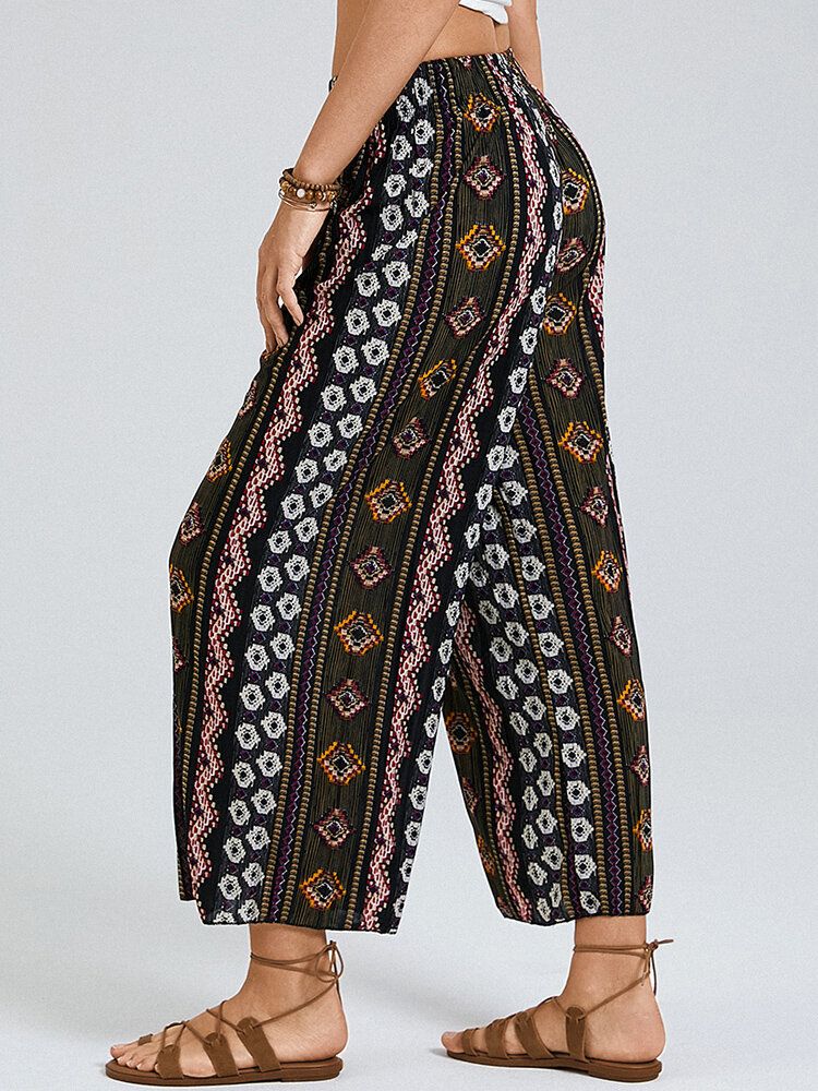 Bohemia Ethnic Print Elastische High Waist Wide Leg Lounge Hose Für Damen