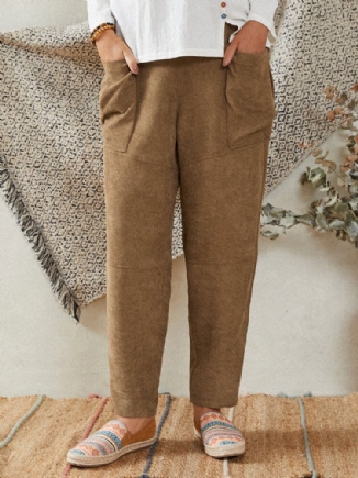 Damen Khaki Cord Seitentaschen Knöchellange Hose