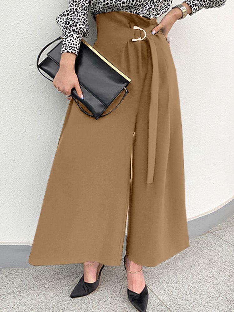 Damen Solid Plissee Gespleißt Wide-leg Boden Maxi Länge Freizeithose