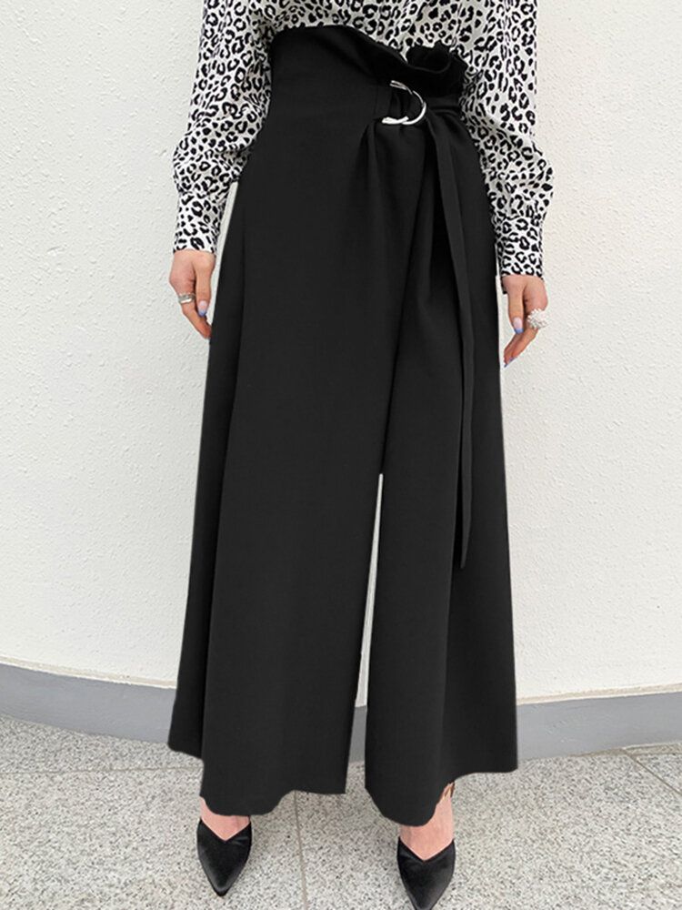 Damen Solid Plissee Gespleißt Wide-leg Boden Maxi Länge Freizeithose