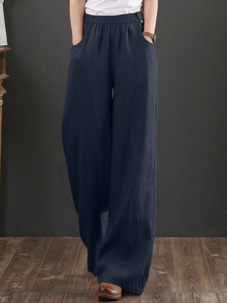 Damenhose Aus 100 % Baumwolle Mit Weitem Bein Und Bundfalten Seitentasche Solide Freizeithose