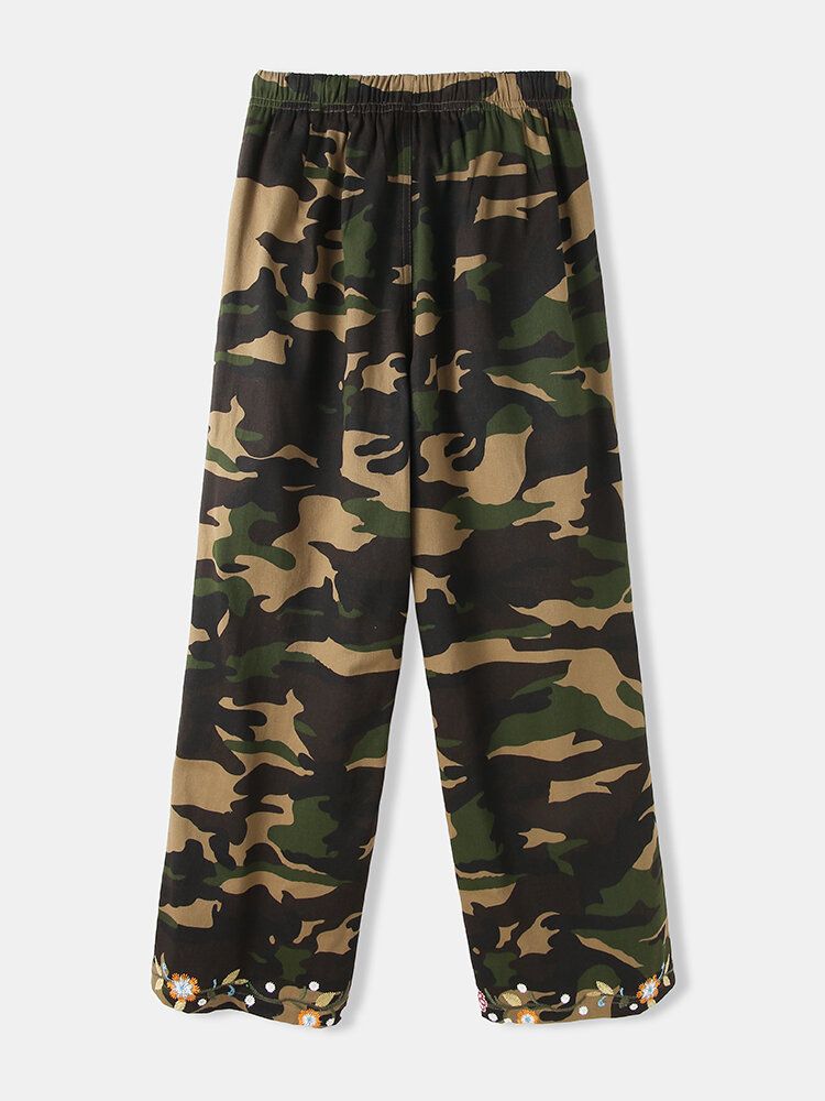 Frauen Camouflage Blumendruck Kordelzug Mittlere Taille Freizeithose Mit Tasche