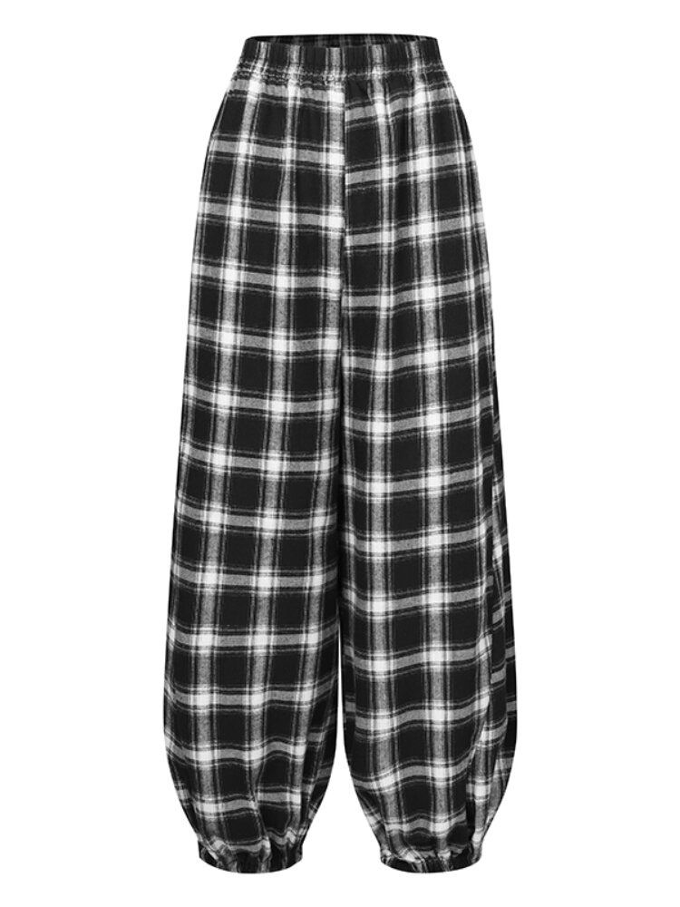 Frauen-plaid-druck-elastische Taillen-lose Stilvolle Strahl-füße-hosen-harems-hosen Mit Taschen