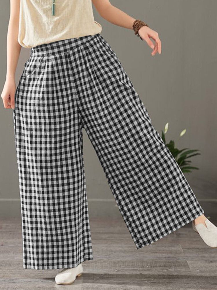 Frauen-plaid-druck-elastische Taillen-weinlese-beiläufige Lose Hose Mit Weitem Bein Und Taschen