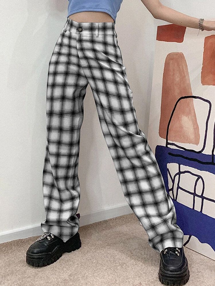 Frauen Plaid Print Hight Taille Reißverschluss Anzughose Hose Mit Weitem Bein