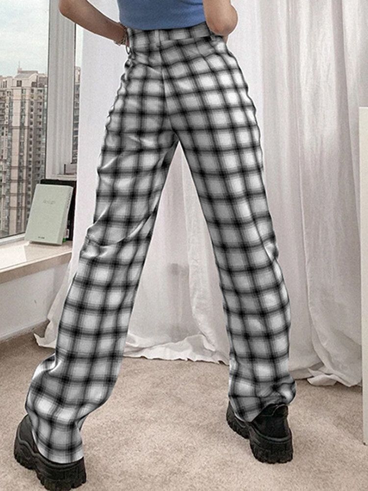 Frauen Plaid Print Hight Taille Reißverschluss Anzughose Hose Mit Weitem Bein