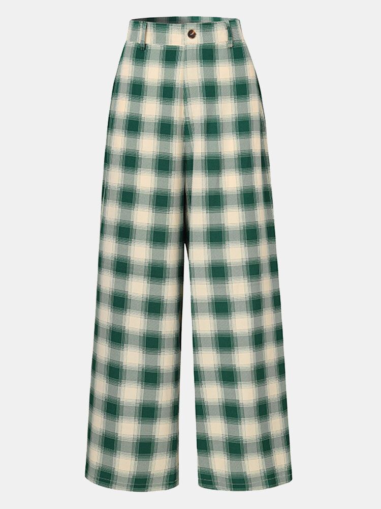 Frauen Plaid Print Hight Taille Reißverschluss Anzughose Hose Mit Weitem Bein