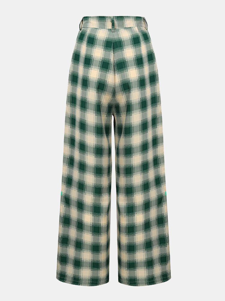 Frauen Plaid Print Hight Taille Reißverschluss Anzughose Hose Mit Weitem Bein