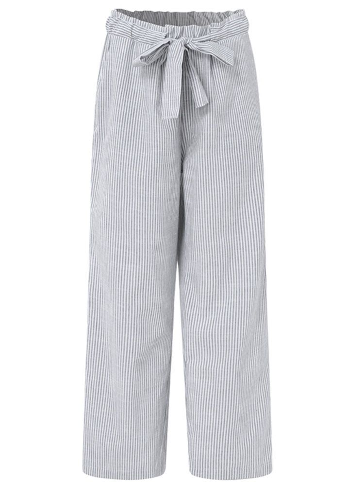 Frauen Stripe Kordelzug Gürtel Seitentasche Plain Casual Pants