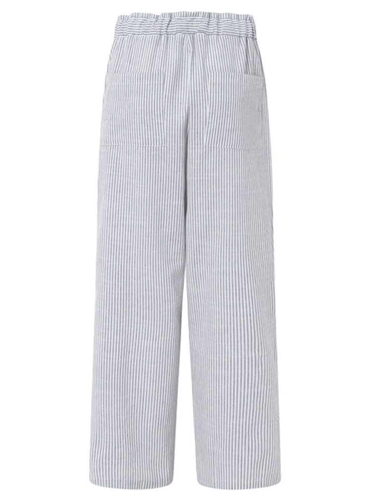 Frauen Stripe Kordelzug Gürtel Seitentasche Plain Casual Pants