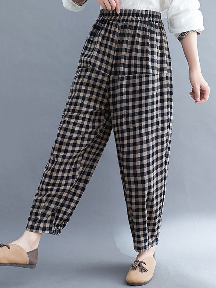 Frauen Vintage Plaid Weitbeinige Elastische Hohe Taille Seitentasche Knöchellange Haremshose