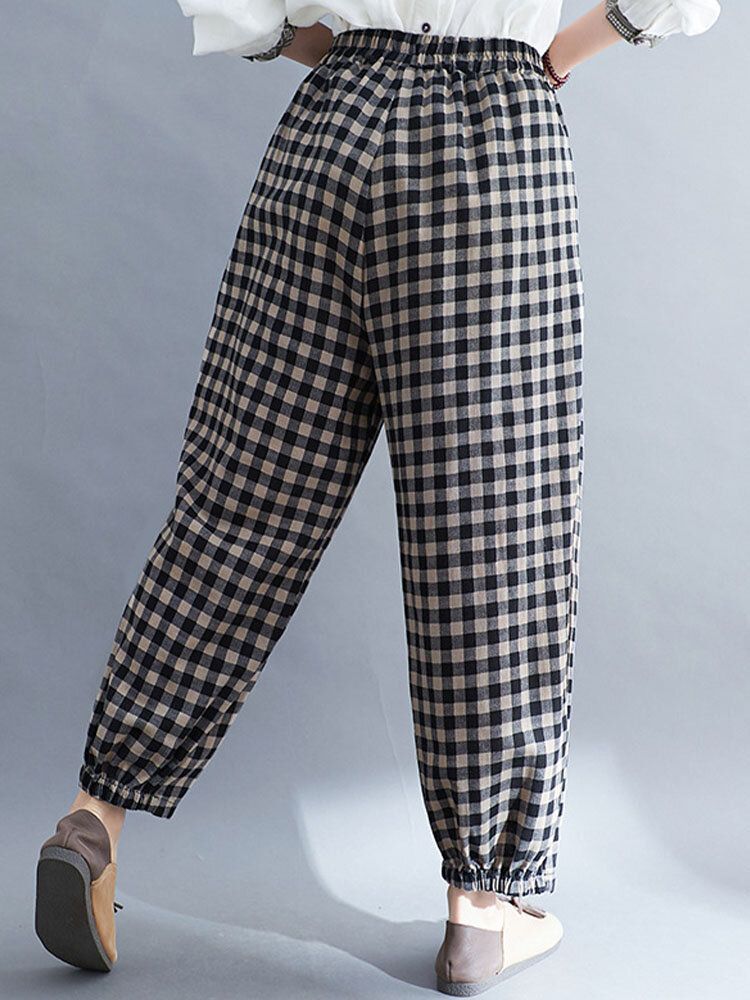 Frauen Vintage Plaid Weitbeinige Elastische Hohe Taille Seitentasche Knöchellange Haremshose