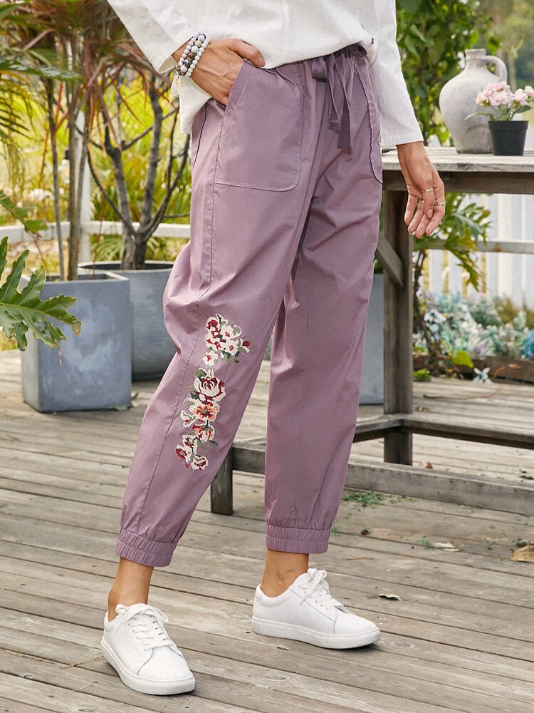 Lässige Pluderhose Mit Mittlerer Taille Und Blumenstickerei Für Damen Mit Kordelzug