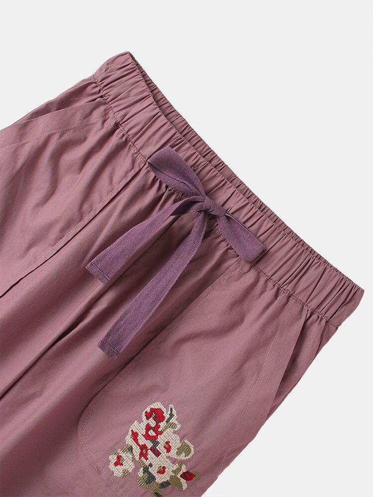 Lässige Pluderhose Mit Mittlerer Taille Und Blumenstickerei Für Damen Mit Kordelzug