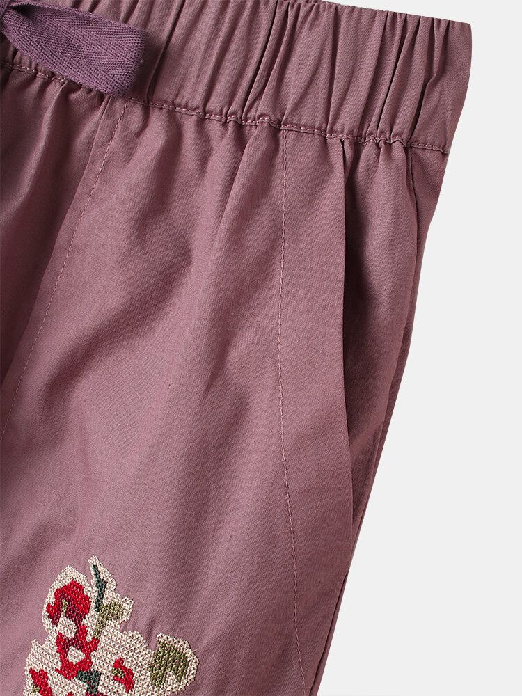 Lässige Pluderhose Mit Mittlerer Taille Und Blumenstickerei Für Damen Mit Kordelzug