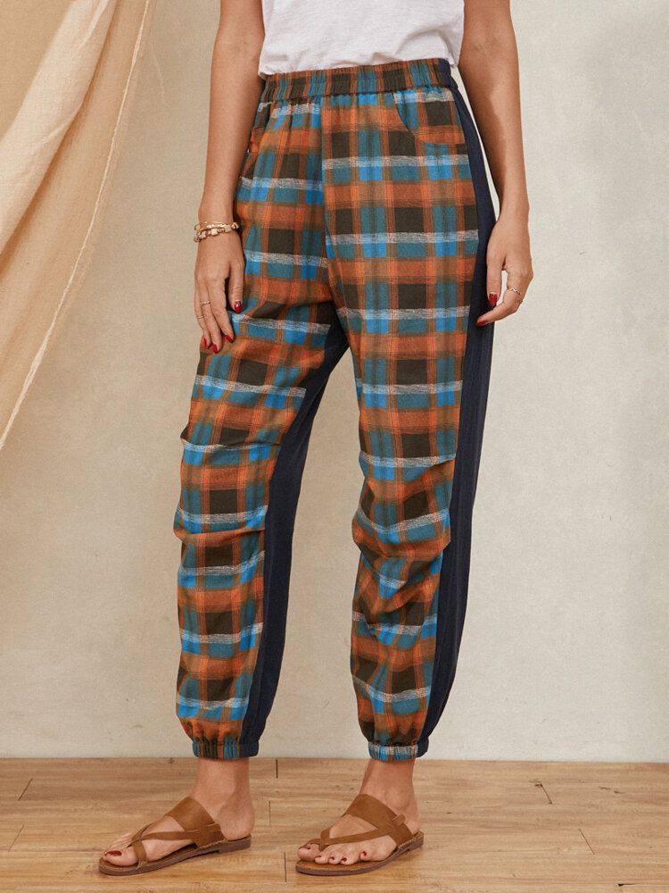 Plaid-druck Elastische Taille Farbblock-patchwork-taschen-haremshose Für Damen