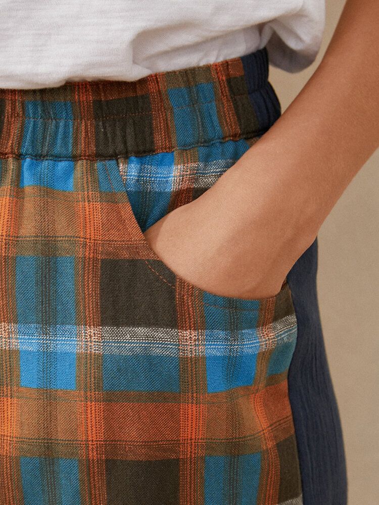 Plaid-druck Elastische Taille Farbblock-patchwork-taschen-haremshose Für Damen