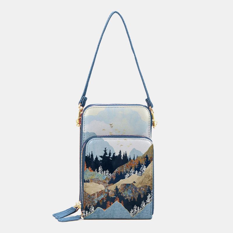 Damen Kunstleder Damen Mountain Treetop Print Tasche 6.3 Zoll Handytasche Umhängetasche