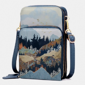 Damen Kunstleder Damen Mountain Treetop Print Tasche 6.3 Zoll Handytasche Umhängetasche