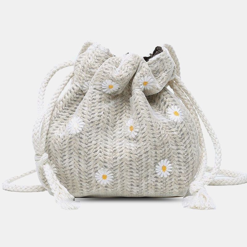 Damen Stroh Gänseblümchen Sonnenblume Muster Druck Casual String Lace Bag Strandtasche Bucket Bag Umhängetasche Handtasche