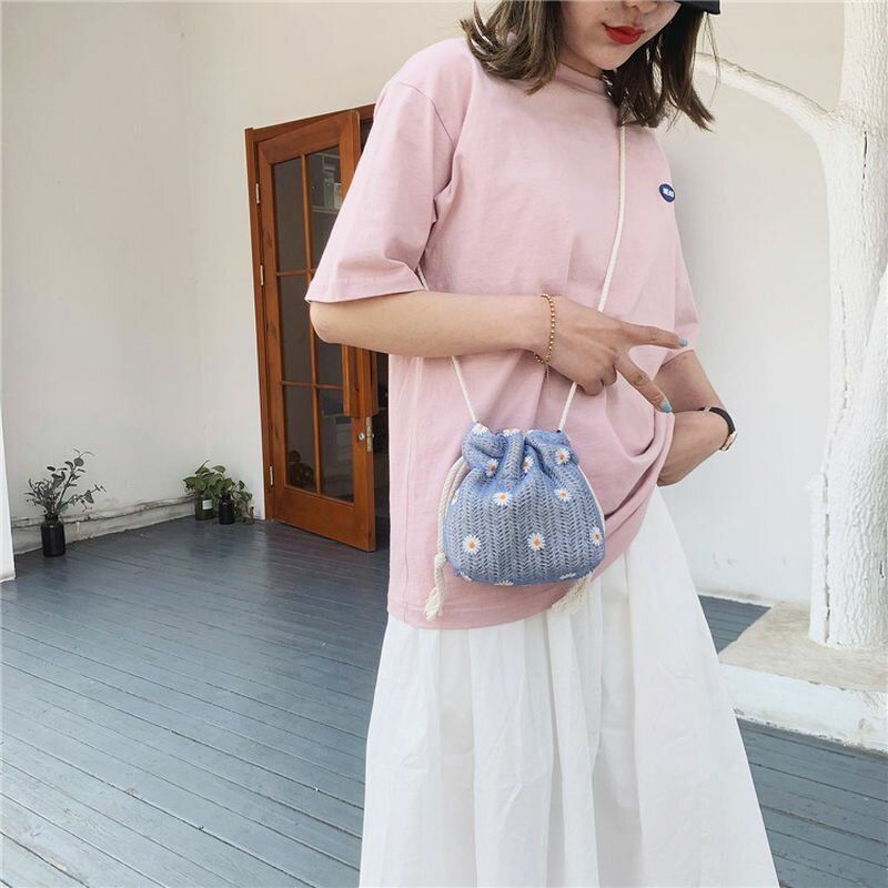 Damen Stroh Gänseblümchen Sonnenblume Muster Druck Casual String Lace Bag Strandtasche Bucket Bag Umhängetasche Handtasche